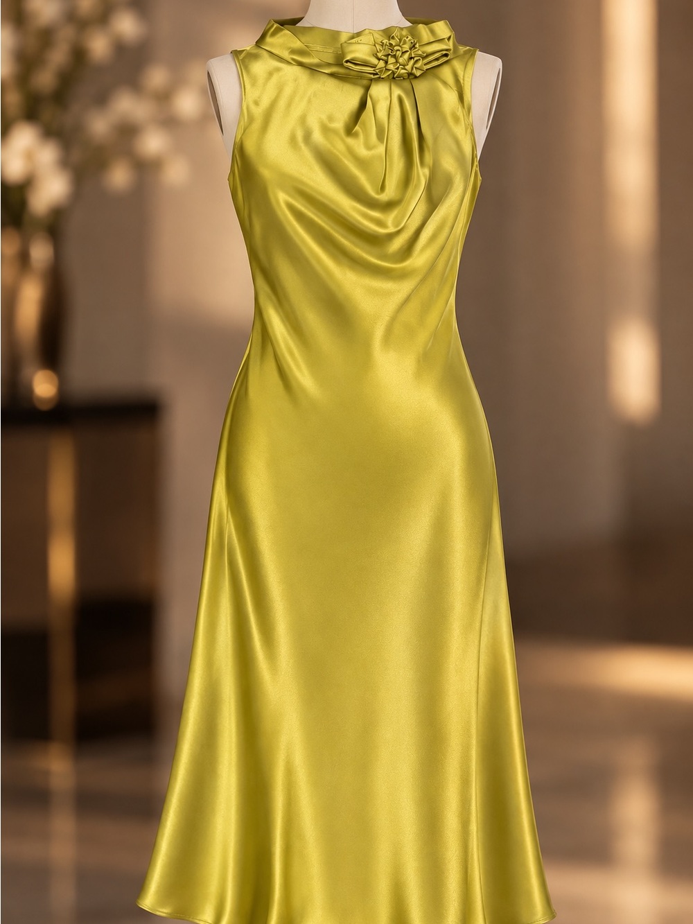 Catherine Malandrino Sleeveless Silk Satin Slip Dress in Chartreuse Green